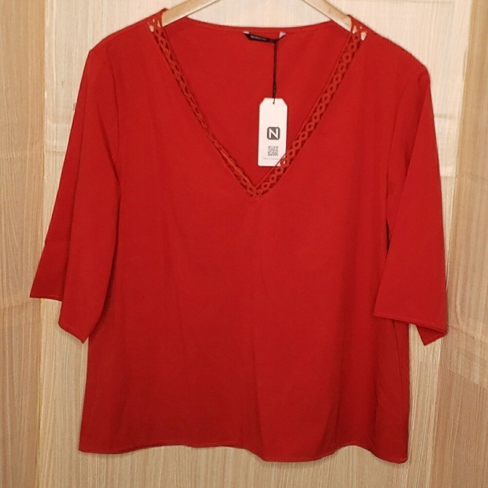 Noracora Womens New Red Elbow Length Crochet Detail Top Large